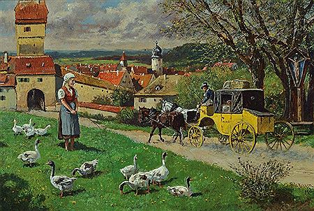 The stagecoach passing a young woman tending the geese, in the background the city