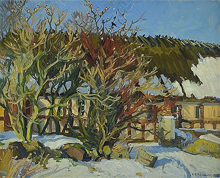 Skandinavisches Bauernhaus in verschneiter Landschaft