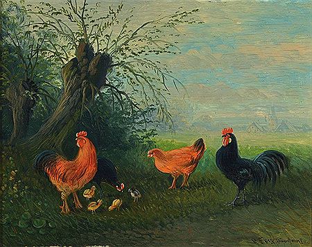 Chickens on the edge of the meadow, in the background a village