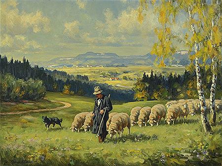 Shepherd with his flock on the Alb