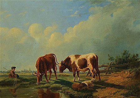 Shepherd with animals at waterhole