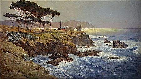 Italian coastal landscape with pine, cypress and house in the background, the sun in the sea