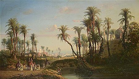 Vue des Indes avec un cortège se rendant vers une ville, à droite l?architecture d?un temple au milieu d?une palmeraie by Auguste Borget - Auction record, sale price, and art valuation. Compare with similar artists and explore comparable artworks.
