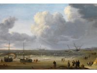 HOLLÄNDISCHER STRAND MIT SEGELSCHIFFEN UND FIGURENSTAFFAGE
