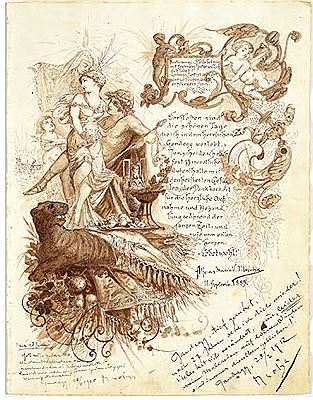 Allegorie des Herbstes nach Ovids Metamorphosen mit der Personifikation des Bacchus in Umarmung mit einer Muse, in Gesellschaft eines Genius und eines Knaben der mit seiner Palette die Malerei versinnbildlicht