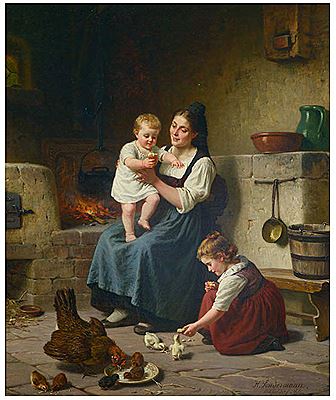 Mutter mit ihren Kindern in der Küche vor dem Herd