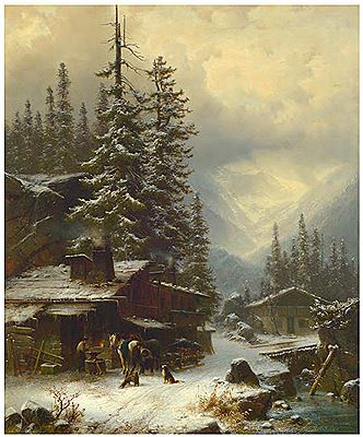 Hufschmiede in winterlicher Gebirgslandschaft.