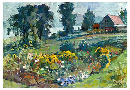 Sommerwiese mit Bauernhaus am Chiemsee.