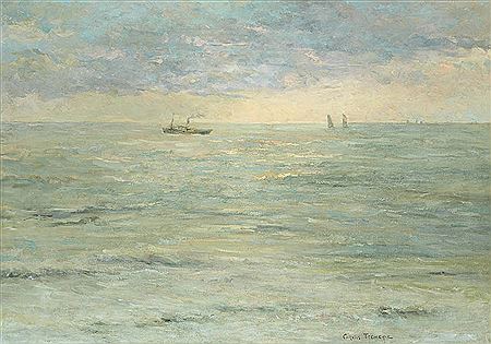Marine avec voiliers et vapeur.