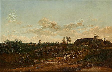 Chariot attelé par deux chevaux en bord de rivière