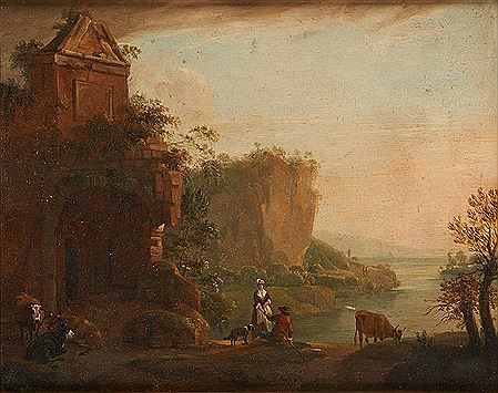 Paysage lacustre animé avec ruines