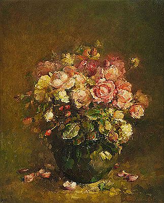 Vase fleuri de roses.