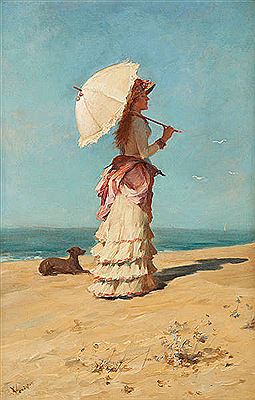 Élégante et son chien sur la plage