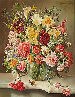 Composition florale sur entablement.