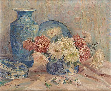 Composition aux fleurs et aux chinoiseries.