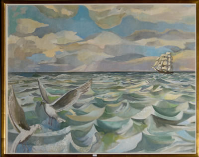 "Marine aux mouettes et au voilier"