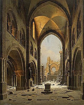 Ruins of a church in Halberstadt in winter, 1843