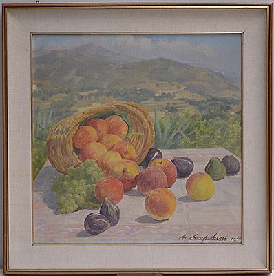 "Cesto di frutta con paesaggio sullo sfondo" 1956