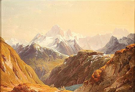 View of the Finsteraarhorn Range with Travelers in the Foreground
