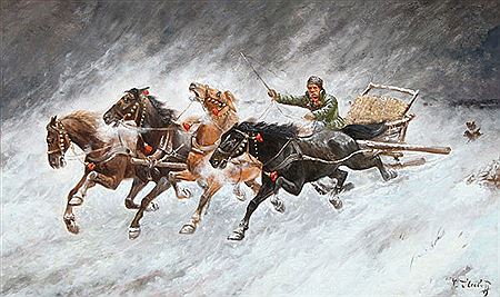 Nocturnal Winter Scene of a Sleigh Driver Chased by Wolves