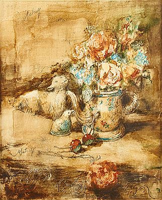 Still Life with Flowers, Figurines, and Cherries - 1995