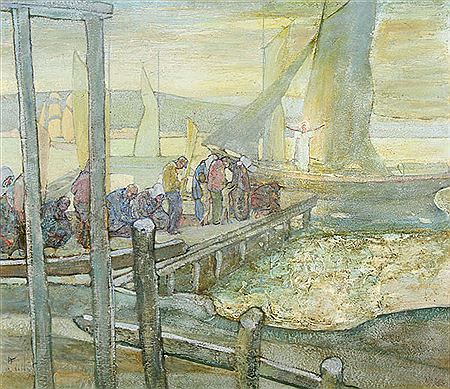 Holy Figure Appearing to People on the Dock - possibly "The Saint's Departure"