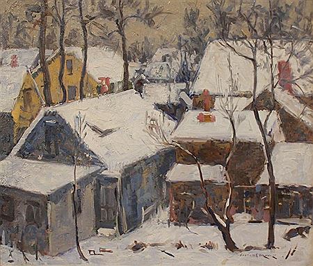 Snowy Roofs Village Scene