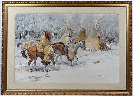 Blackfoot Indians returning to camp in the snow , Montana