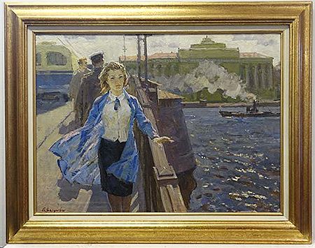 "Walking on the embankment of Neva river"