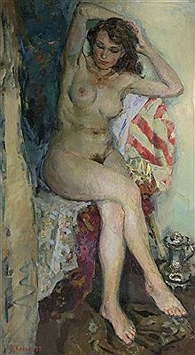 "Nude model with long hair seated"