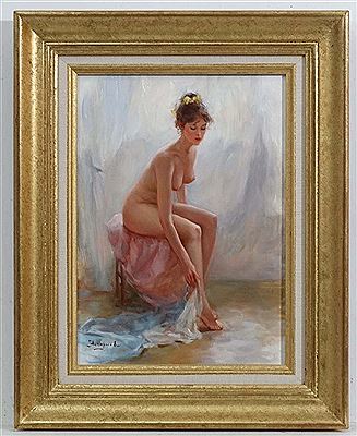Seated nude in bedroom