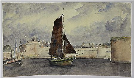 "Voilier naviguant devant le port fortifié"