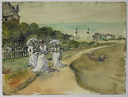 "Elégantes à l'ombrelle revenant de la plage"