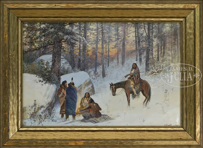 FIVE NATIVE AMERICANS AROUND A WINTER CAMPFIRE