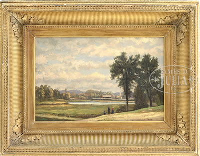 PANORAMIC TOWN SCENE WITH FIGURES AND TRAIN