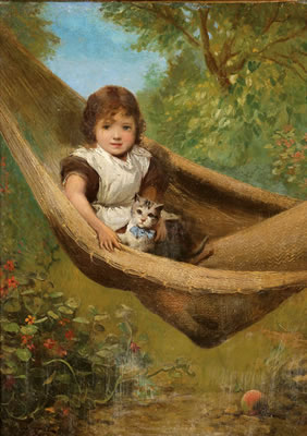 Mädchen mit Katze in der Hängematte