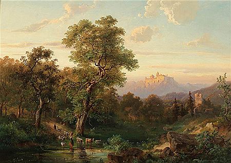 Romantische Stimmungslandschaft mit Viehherde