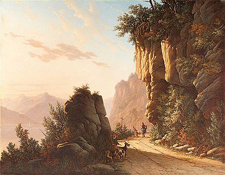 Besonnter Weg mit steiler Felswand an einem Gebirgssee (Lago Maggiore)