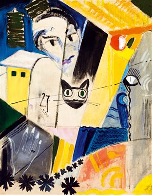 Art deco composition with a nude and cat