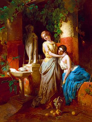Daydreaming young girls in the garden of a Pompei house