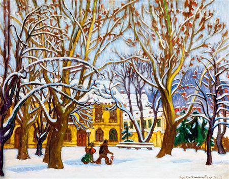 Snowing in Nagybánya, 1911 by Tibor Boromisza - Auction record, sale price, and art valuation. Compare with similar artists and explore comparable artworks.