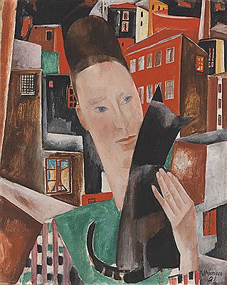 Frau und schwarze Katze in der Nacht - Bildnis Ingeborg Stegemann, 1921