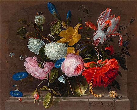 Still life of flowers in a vase on a stone plinth with insects