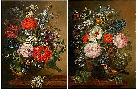 Pair of works: Floral arrangements in glass vases on a marble slab. 1731-32 by Kaspar Jan Hirschely - Auction record, sale price, and art valuation. Compare with similar artists and explore comparable artworks.