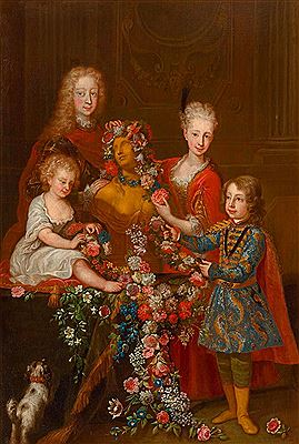Portrait of four children of a noble family with a bust of Flora.