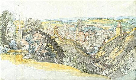 A view of the city of Fribourg from a hill. by Ludwig Vogel - Auction record, sale price, and art valuation. Compare with similar artists and explore comparable artworks.