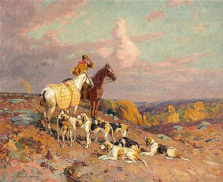 Chevaux et chiens de chasse – Hunter and dogs resting. 1913