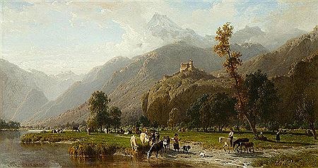 Ticino mountain landscape with shepherds on a river.