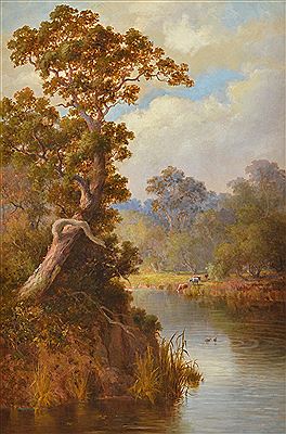 Cattle by the River's Edge by Walter Seehusen - Auction record, sale price, and art valuation. Compare with similar artists and explore comparable artworks.