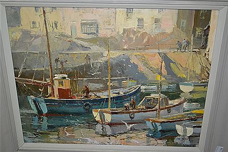 Harbour scene with moored fishing boats